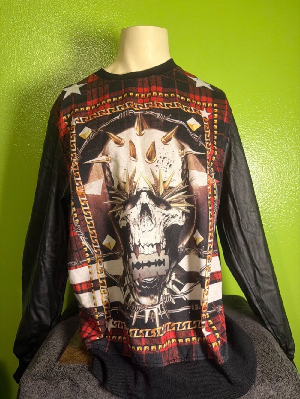 Akademiks Mens XL Skull Graphic Long-Sleeve Shirt With Faux Leather Sleeves Red